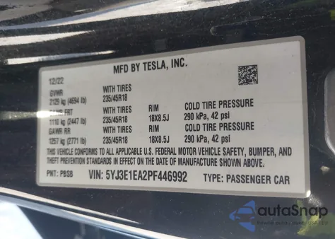 2023 Tesla Model 3 Rear-Wheel Drive from USA, damaged, VIN 5YJ3E1EA2PF446992